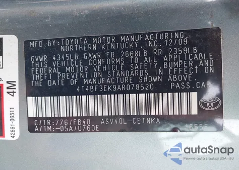 2010 Toyota Camry Le from USA, damaged, VIN 4T4BF3EK9AR078520